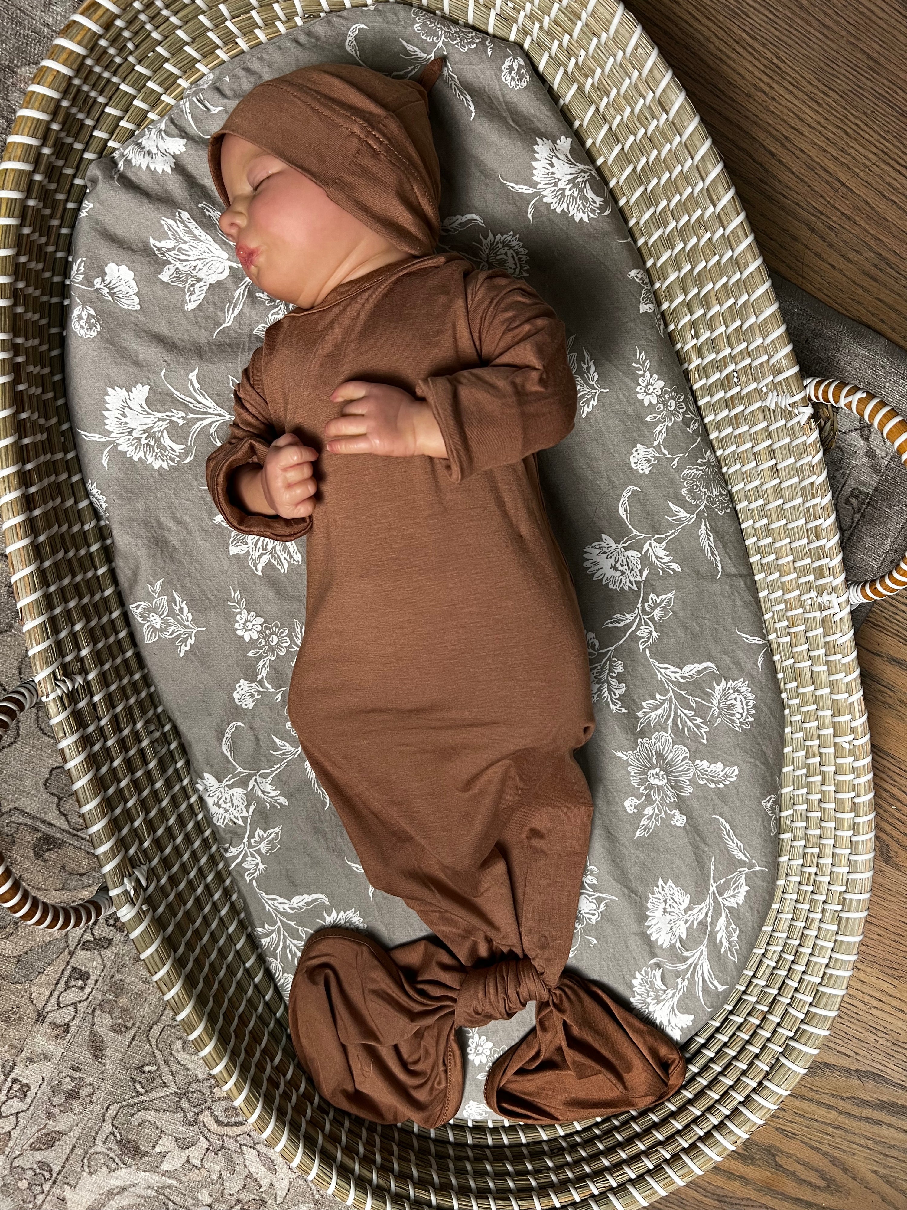 Baby Knot Gown and Hat Set: Caramel